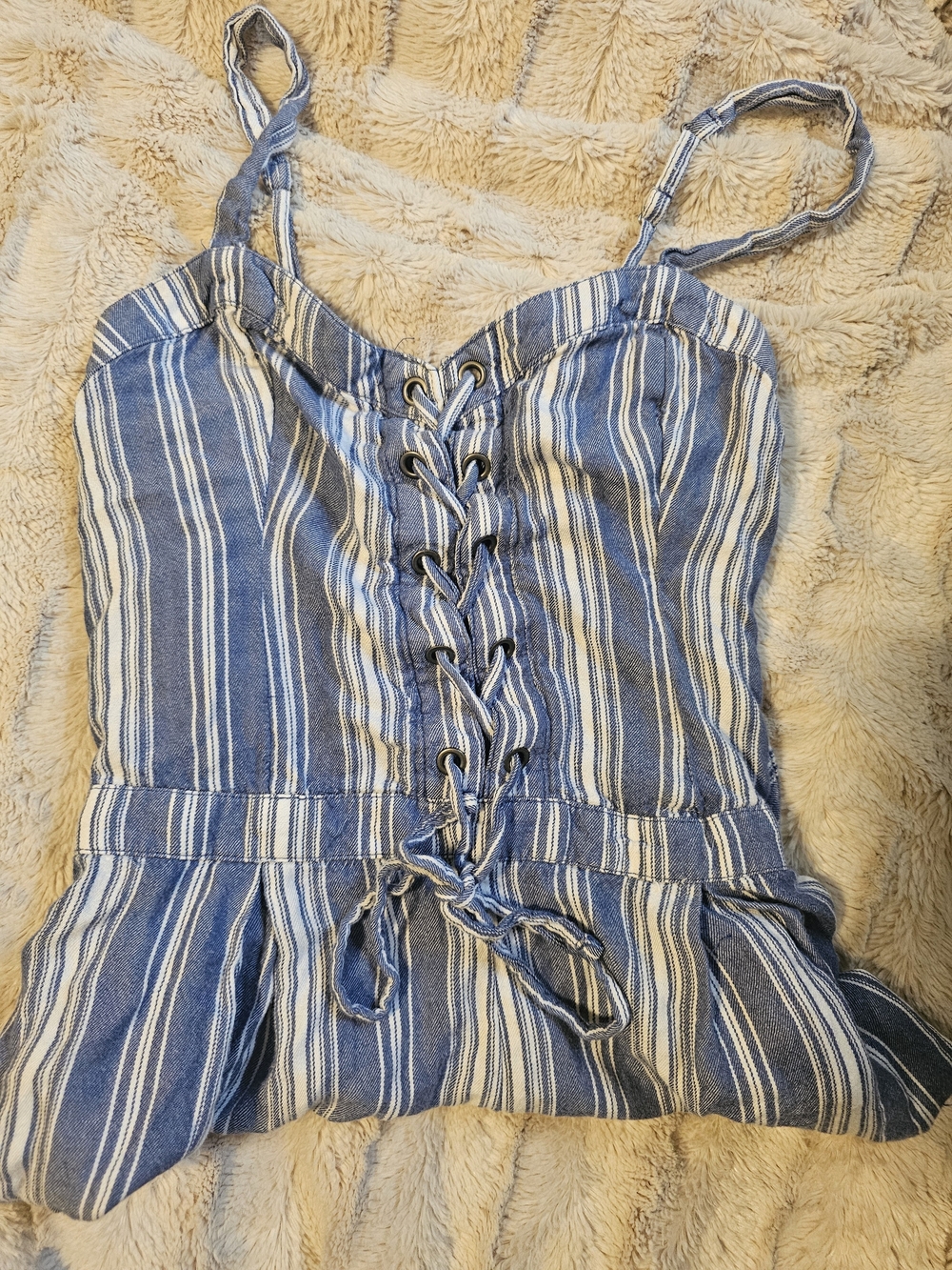 Blue Striped Lace-Up One-Piece Romper